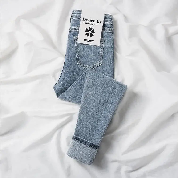 Spring Autumn and Winter Skinny Warm Jeans Women Velvet Ankle Length Casual Thick Pencil Pants Basic Fleece Denim Trousers - reetell