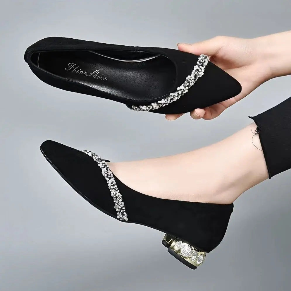 Women's Summer Footwear Diamond Shoes for Woman 2024 Rhinestone Office Low Heel Elegant with Crystals Black Stylish on Promotion