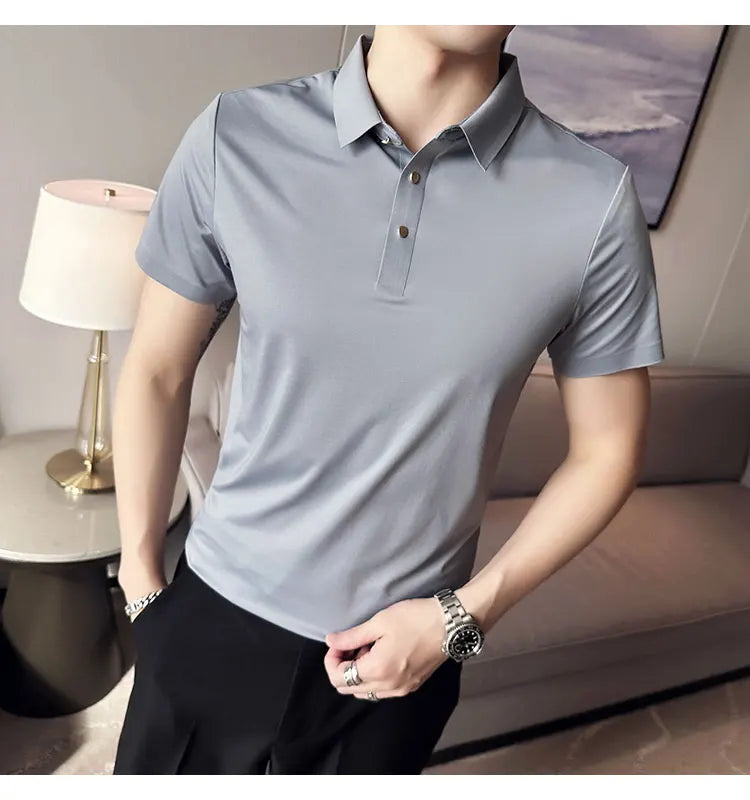 Ice Silk Traceless T-shirt Men's  Business Casual Solid Color Half Sleeve High Elasticity Top Silk Smooth Breathable POLO Shirt