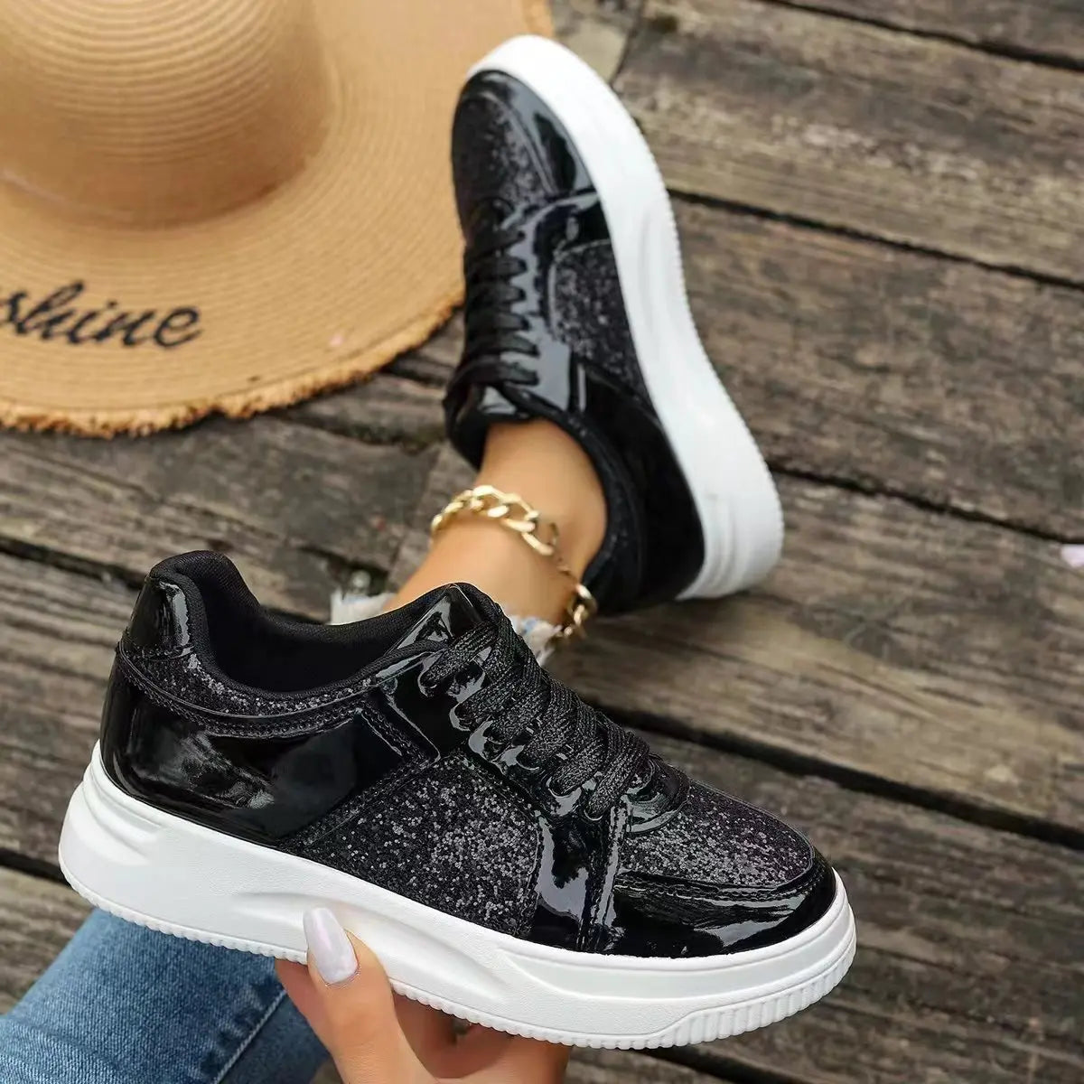 Women's Gold Sequins Platform Sneakers Autumn Fashion Casual Sports Shoes Thick Bottom Vulcanized Shoes Woman Flats Heels Shoes