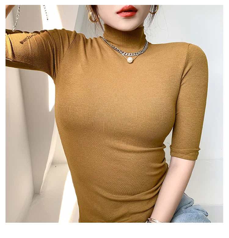 Basic Cotton T Shirt Women Turtleneck Slim Tshirt Short Sleeve T-shirts Female Casual Elasticity White Tee Shirt Femme Woman Top - reetell