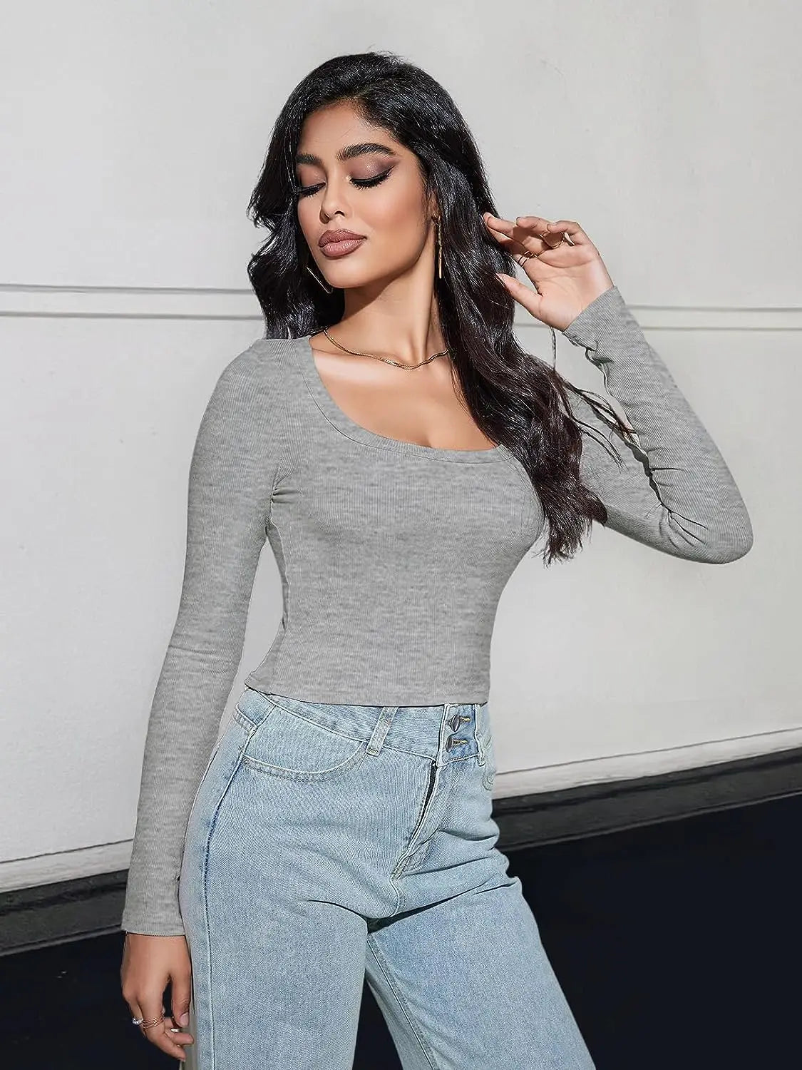 Women's Long Sleeve Square Neck Crop Top Ribbed Slim Fitted Y2K Casual T-Shirt Tops - reetell