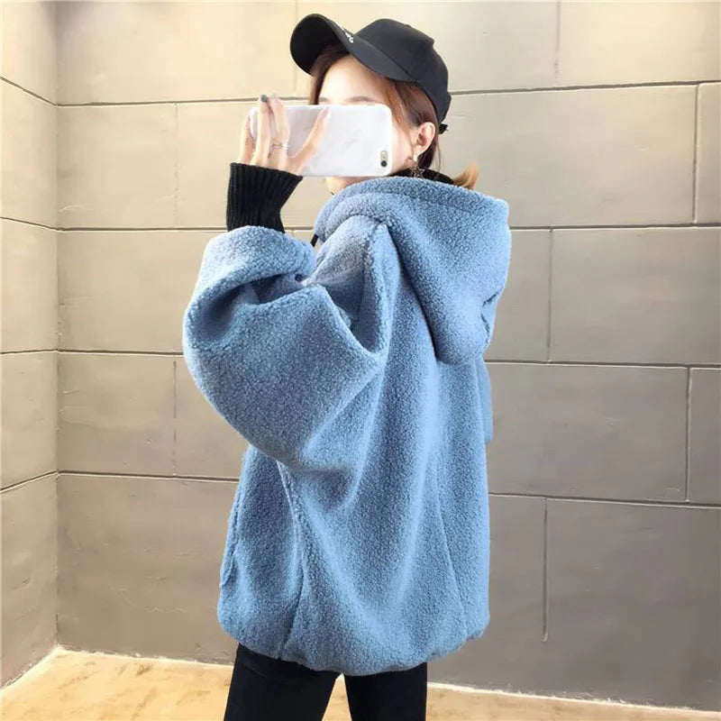 Faux Lamb Sweatshirt Women Loose Fake Two Piece Fashion Hoodies Fluffy Big Pocket Letter Long Sleeve Winter Female Tops - reetell