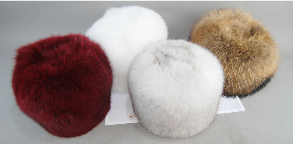 2024 Russian Style Female Round Cap Fashion Real Fur Hats Natural Fox Fur Women Winter Warm Bomber Hat Fluffy Popular Beanies - reetell