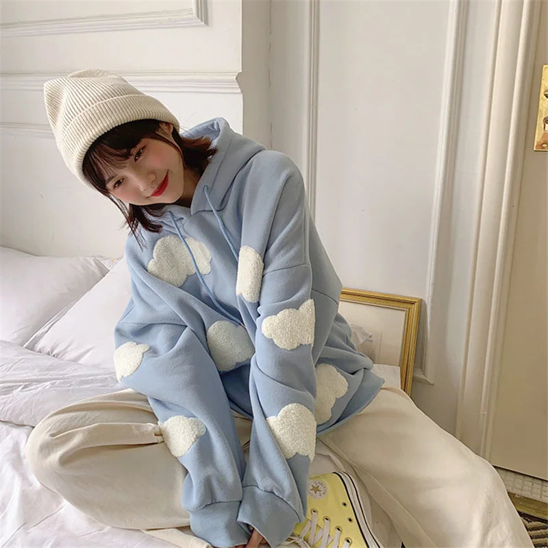 Autumn Winter Women Blue white cloud Hoodie Thick Warm Female Fleece Hoodies Oversize Sweatshirt Top Ladies  Hooded Top coat - reetell