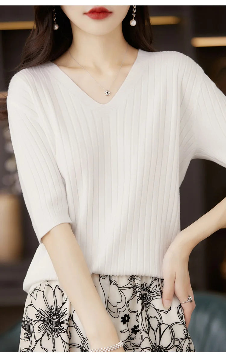 Women Sweater Short Sleeve V-neck Stripe Knitwears Slim Fit Shirt Korean Fashion Pullovers Thin Knit Tops 2024 Bottoming Shirts - reetell