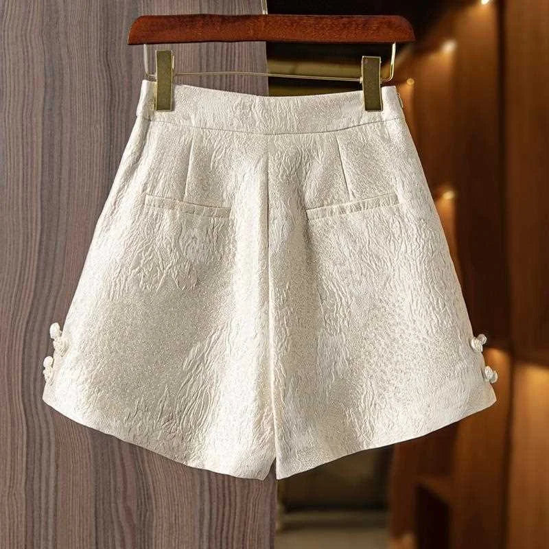 New Chinese Style Women's Shorts Three-Dimensional Embossed Pants Buckles Jacquard Imitation Mulberry Silk Shorts With Zipper - reetell