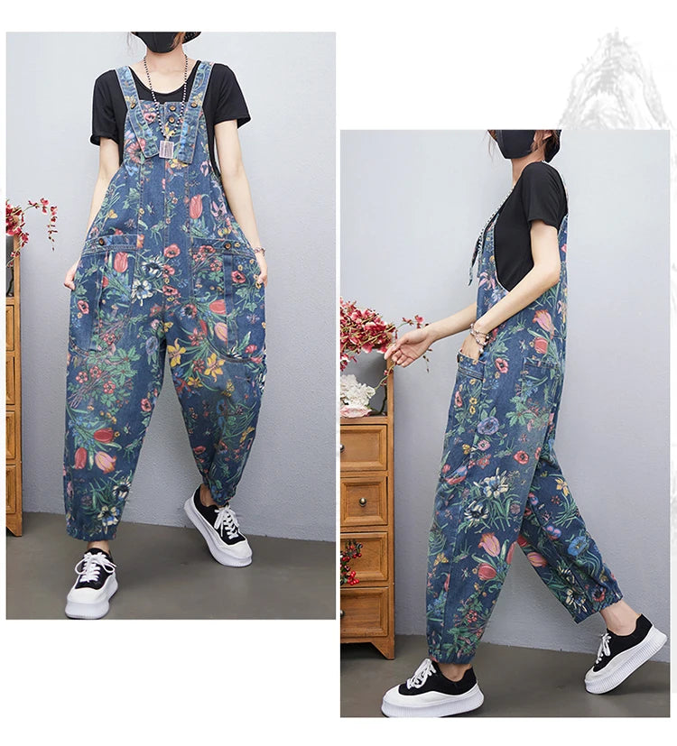 Fashion Streetwear Print Floral Denim Jumpsuit Women Casual Loose Wide Leg Pants Rompers Big Size Pockets Straps Jeans Overalls