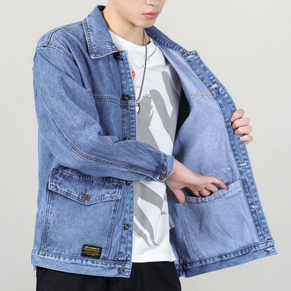 Fall high-end denim jacket men's baggy multi-pocket trend matching handsome top large size lapel casual jacket - reetell