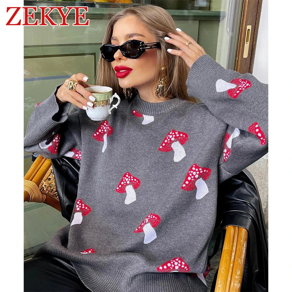 Zekye Mushroom Graphic Cute Black Sweaters Women Winter Loose Long Sleeve Knitwear Casual Basic Outwear Autumn Pullover Elegant - reetell