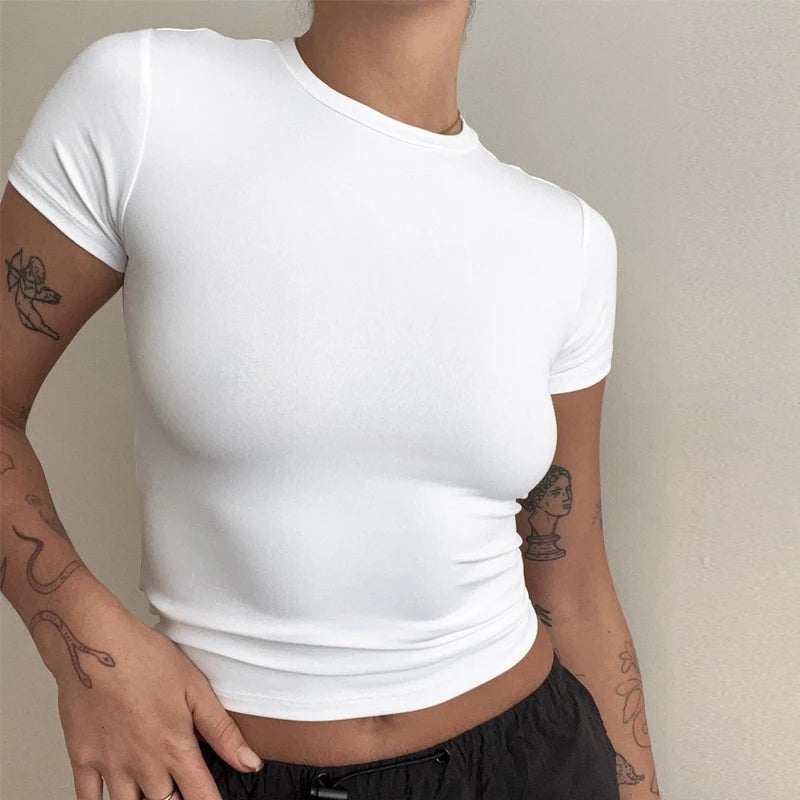 Woman Clothing Short Sleeve T-shirt Slim Fit Tops Female O-Neck Knitted Sheath Tee Shirt Street Wear Sex Sporty 2024 Y2K New2410 - reetell