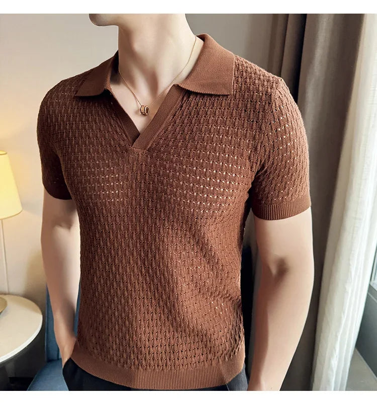 Men's Polo Shirt 2024 Summer New Light and Thin Knitted Hollow Solid Color Casual Short Sleeved V-neck T-shirt Men's Clothing