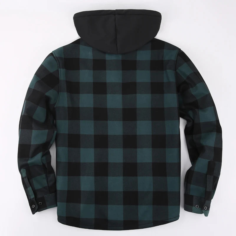 Mens Green Hooded Plaid Winter Shirt Jacket Casual Fleece Linend Warm Shirt Long Sleeve Western Cowboy Flannel Checkered Chemise