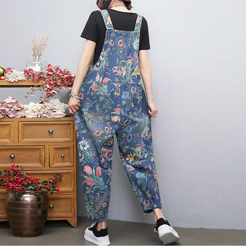 Fashion Streetwear Print Floral Denim Jumpsuit Women Casual Loose Wide Leg Pants Rompers Big Size Pockets Straps Jeans Overalls