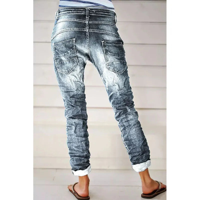 Midiross Vintage Button Fly Stitch Trim Low Waist Blue Jeans for Women 2023 New Fashion Black Jeans - reetell