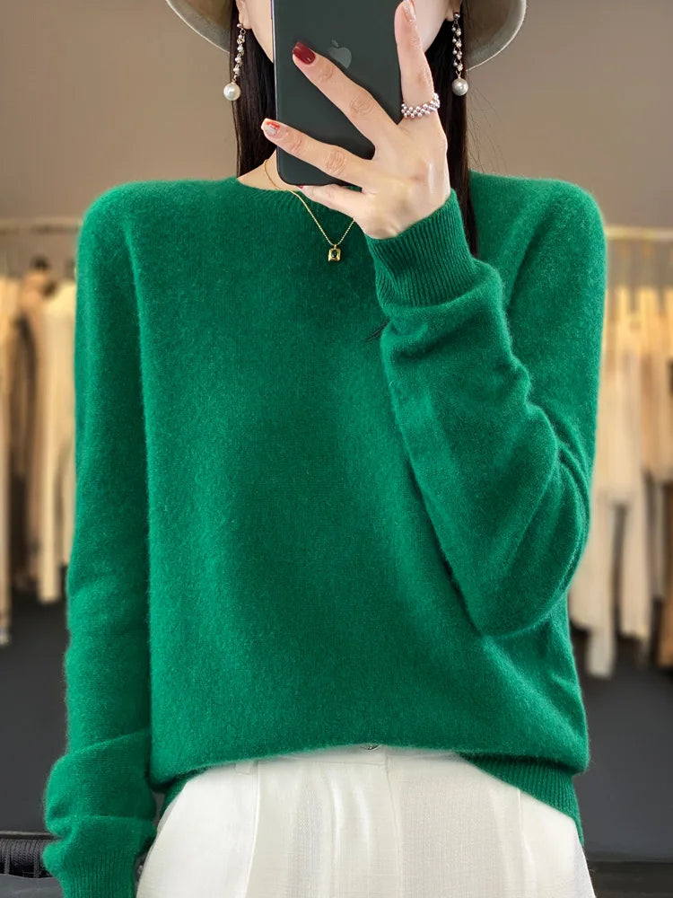 100% Merino Wool Sweater Women  Cashmere Pullover Knitwear Autumn Winter O-neck Solid Color Fashion Basic Female Clothes Tops - reetell