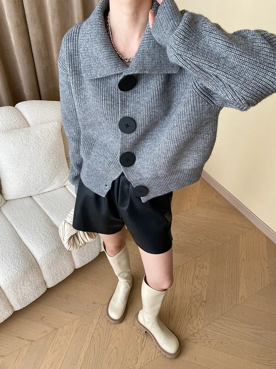 Fashion Big Button Cardigan for Women Loose Thickening Turn-down Collar Knit Sweater Autumn and Winter 2024 Grey Cardigan Coat - reetell