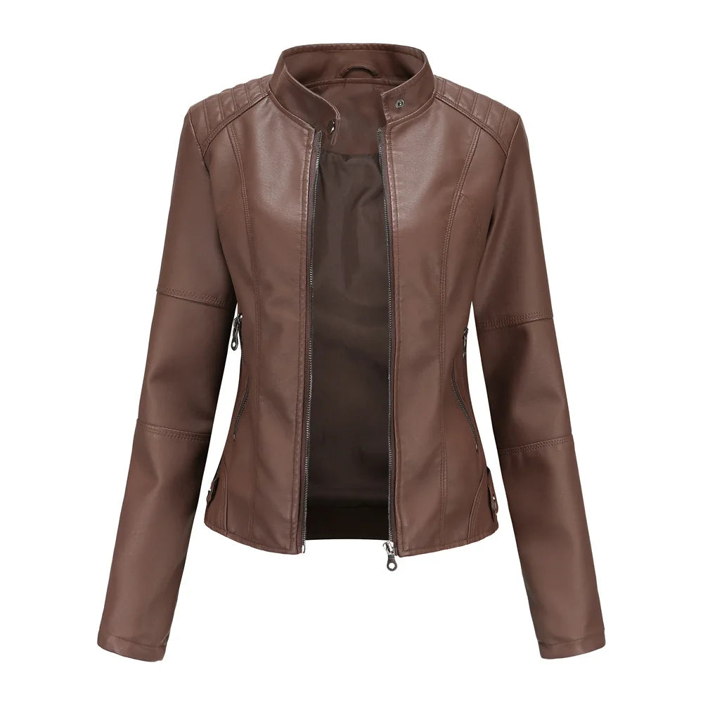 Women Leather Jacket 2024 Spring Autumn Black PU Leather Coat Stand-up Collar Motor Biker Jacket