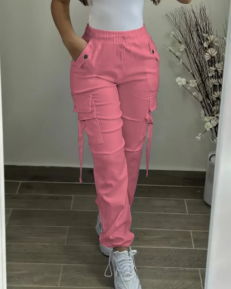 2024 New Fashion Womens Cargo Pants Elegant Pocket Design Drawstring Cuffed Pants Female Trouser Casual Bottom Female Clothing - reetell