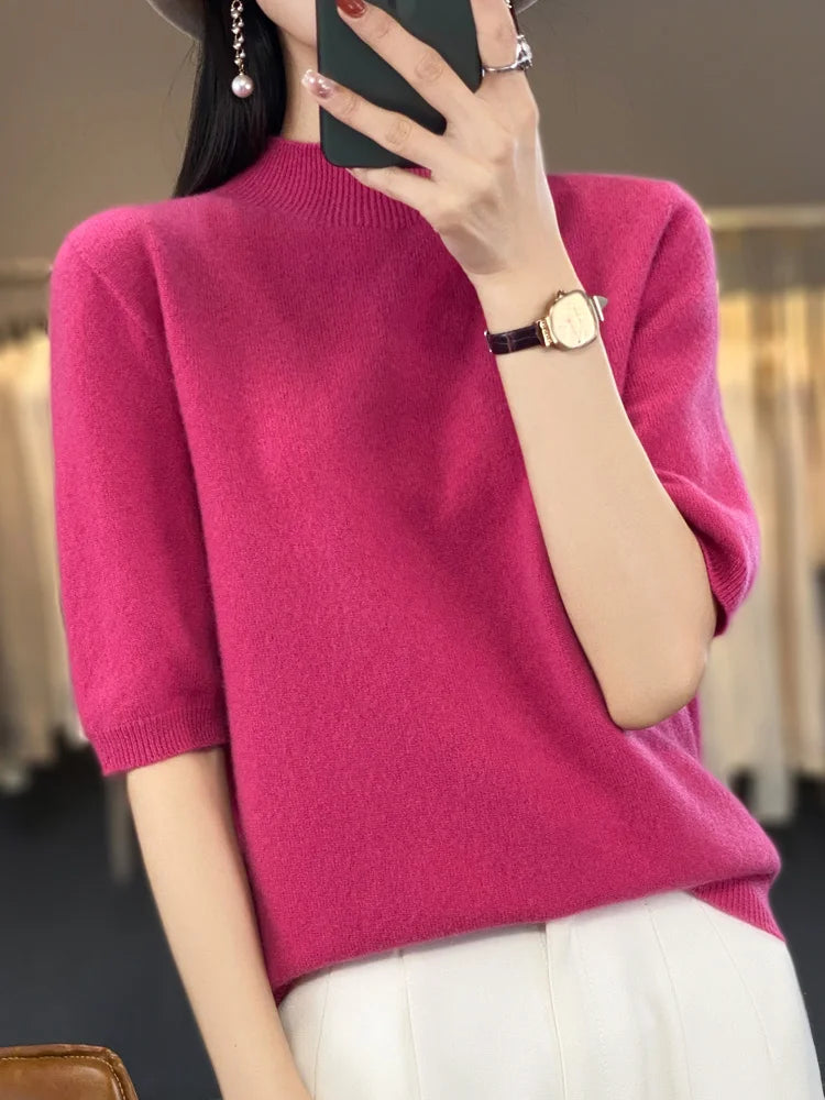 Fashion Short Half Sleeve Cashmere Women Knitted Sweater 100% Pure Merino Wool Mock-Neck Tops Pullover Clothing Knitwear - reetell