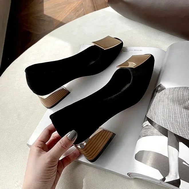 Comemore Trend 2023 Square Heels Women's Summer Footwear Office Black Medium Heel Casual Pumps Slip-on Luxury Shoes for Woman 34