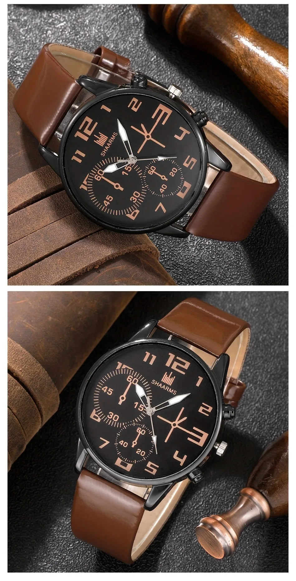 Kegllect 5PCS Men Quartz Watch Round Dial Leather Strap  Bracelet Set Ideal Choice for Gifts(Without Box)