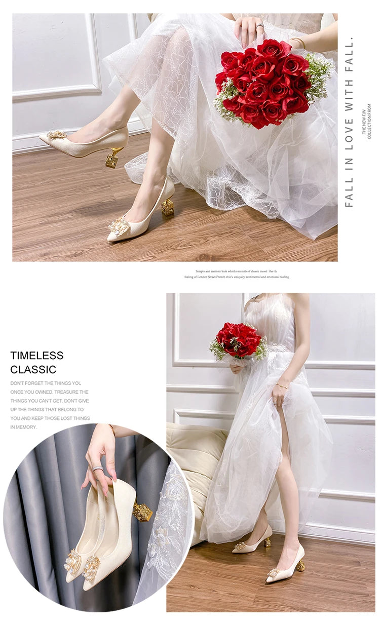 Autumn New Ladies High Heels Pointed Toe Shaped Heel High 5cm and 7cm Wedding Shoes Square Buckle Travel Banquet Shoe High Heels