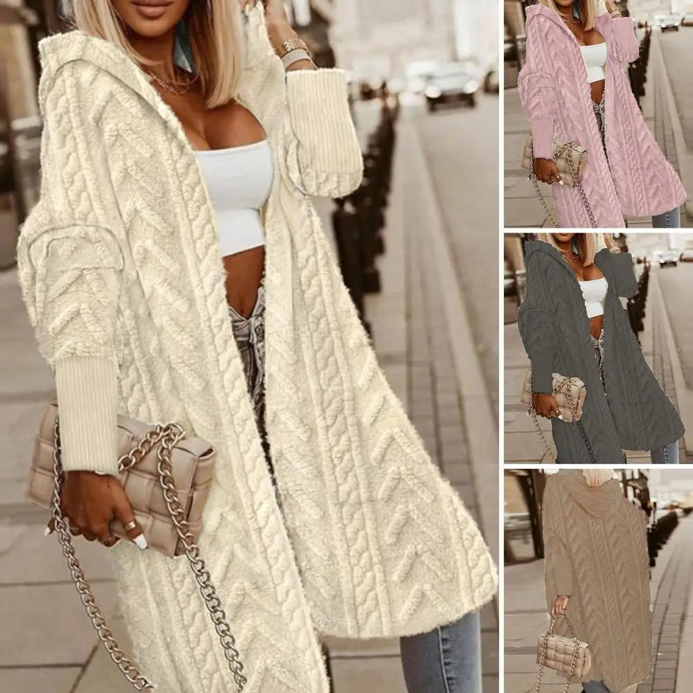 Women Long Cardigan with Hood Women Knitting Coat Stylish Women's Knee-length Sweater Cardigan Long Knitting for Autumn/winter - reetell