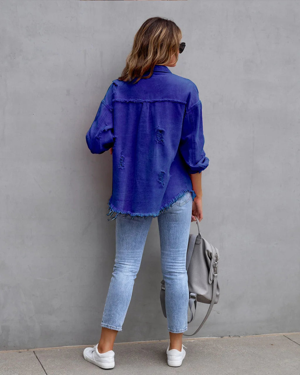 Women's Casual Lapel Mid-length Denim Jacket with Ripped Raw Edges