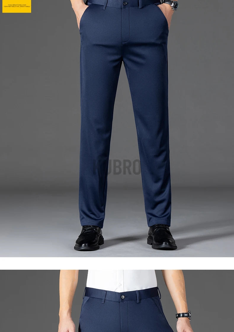 KUBRO Men's Summer Thin Fashion Business Casual Suit Pants Long Pants Men's Elastic Straight Sleeve Formal Pants Plus Size 2024 - reetell