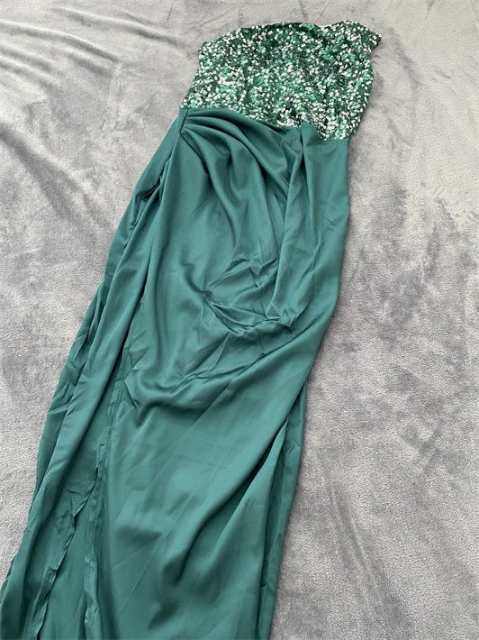 2024 Spring Summer New Green Sequined Fairy Long Sleeveless Fashion Dress Mid Evening Dress Strapless Sexy Formal - reetell