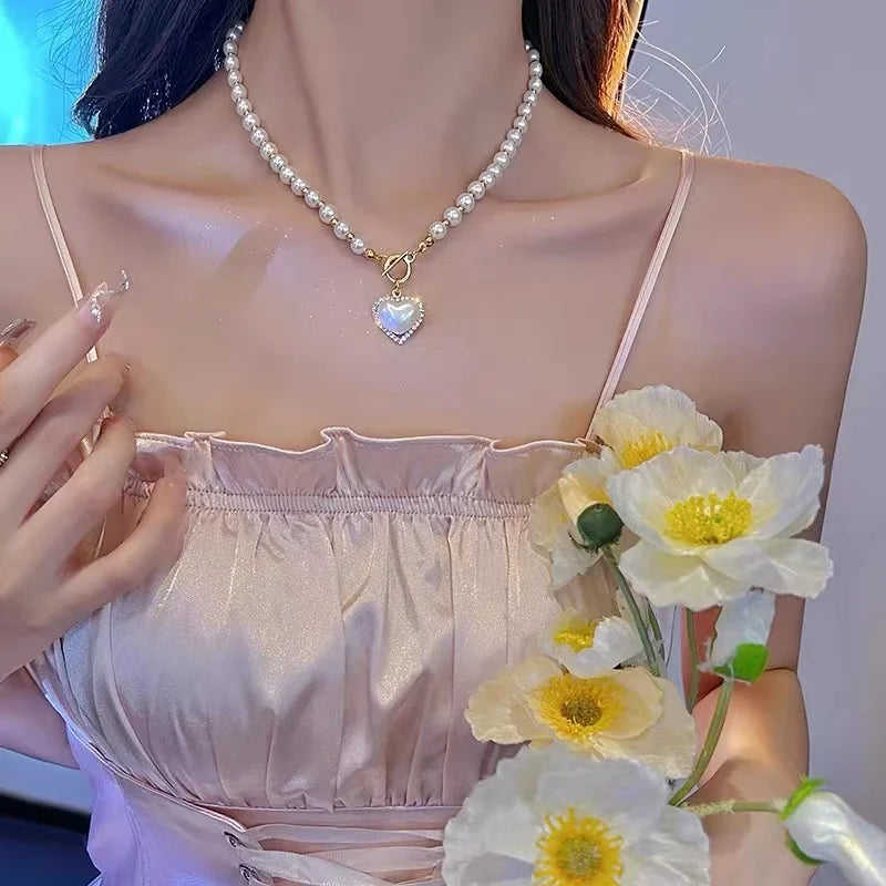 Imitation Pearl Beads Five-leaf Flower Pendant Double Layer Necklace for Women Fashion Daily Accessory Jewelry Birthday Gifts