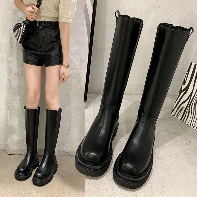 Fashion Woman's Platform Zipper Spring Autumn PU Leather Non-slip Knee High Luxury Designer Casual Women Chunky Long Black Boots