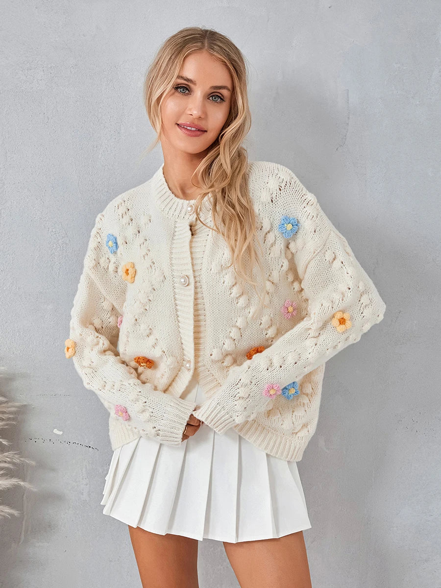 Womens Y2k Cardigan Sweaters 3D Flower Crochet Knitted Bolero Shrug Top Aesthetic Kawaii 90s Jacket Back to College - reetell