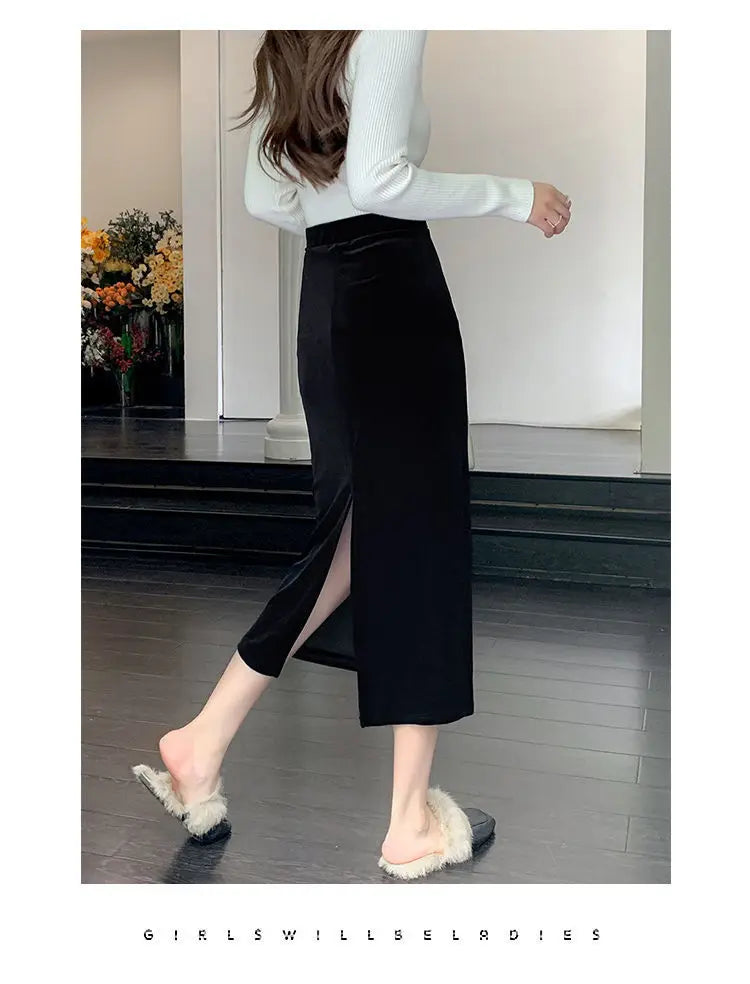 Elegant Velvet Black Long Skirts Women Autumn Winter High Waist Faldas Korean Fahion Clothing Office Ladies Bodycon Midi Skirt - reetell