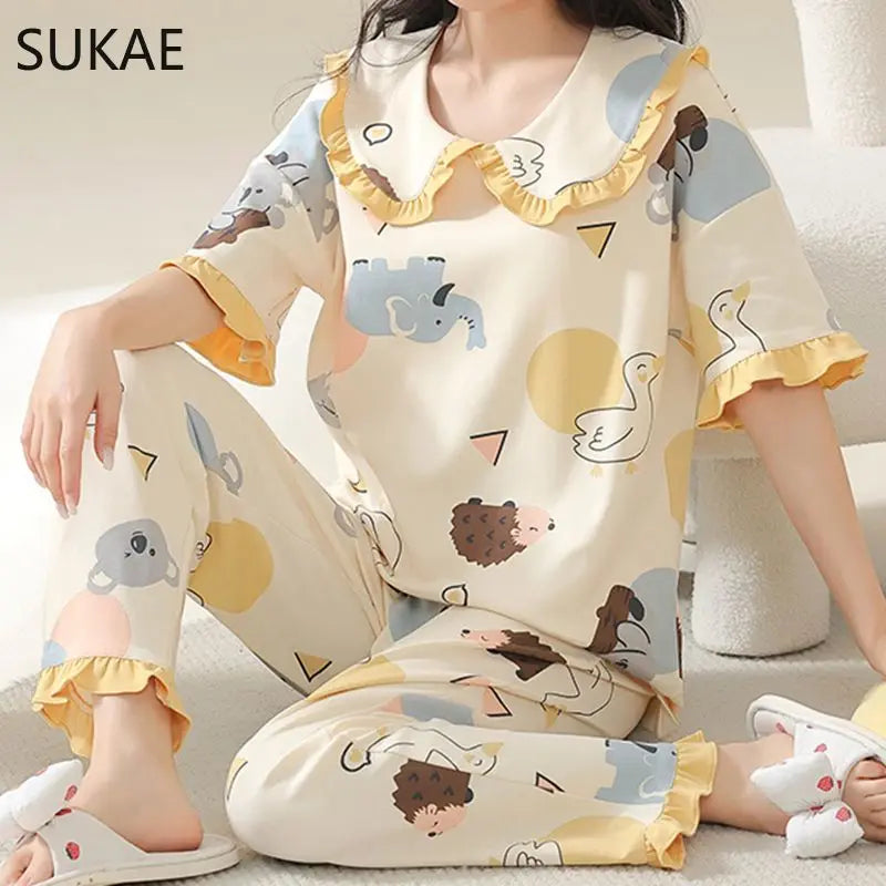 SUKAE Summer Women Pajamas Set Plus Size M-5XL Cotton Women's Pajama Short Sleeves Nightwear Sleepwear Korean Pijamas for Girl