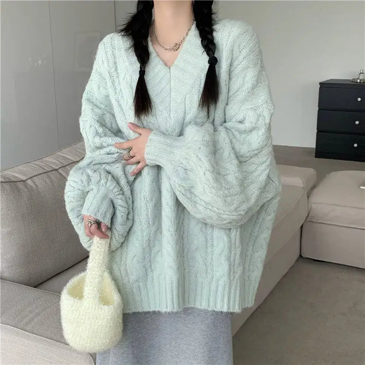 Women's Autumn and Winter Fashion Loose Outer Wear Lazy Style Niche Warm Knit Sweater Top - reetell