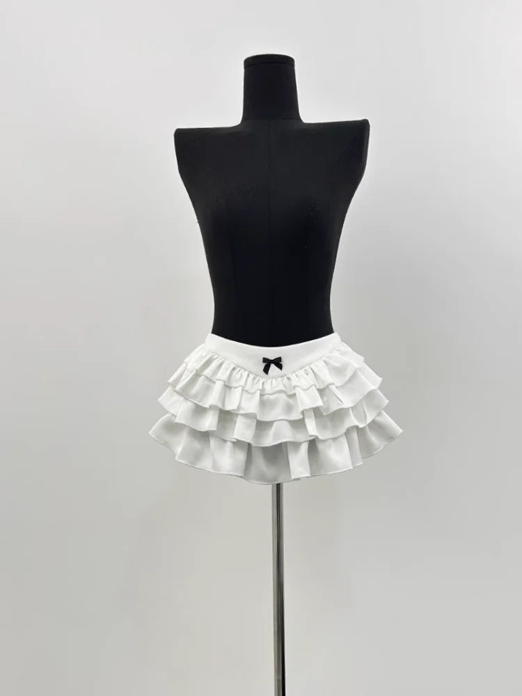 Y2k Kawaii Cute Cake Ruffles White Mini Skirt Women Bow Slim Skirt Elastic Waist Summer A-line Skirt Going Out Party Streetwear - reetell