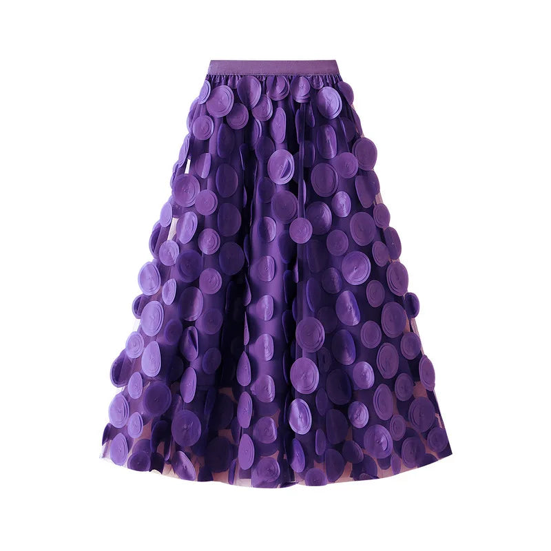 LANMREM 3D Wave Dot Mesh Skirt 2024 New Design Elastic Waist Solid Color Layers Fashion Party Clothing Female Elegant 2DA2698 - reetell