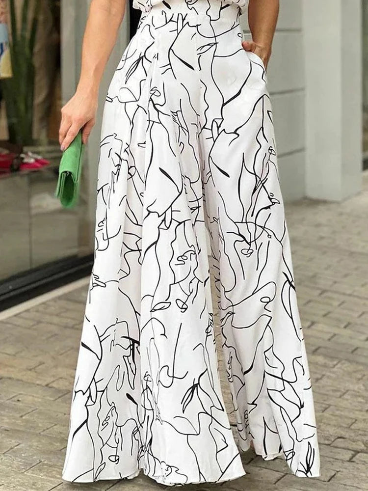 Women's Elegant Waist Halter Jumpsuit Casual Print Tie Sleeveless Wide Leg Long Pant Summer Clothing - reetell