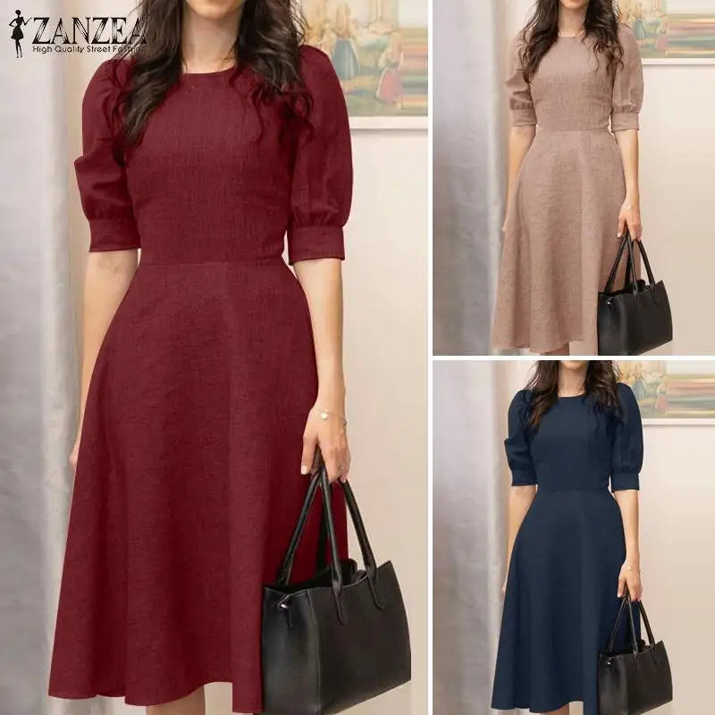 ZANZEA Elegant Women Office Work Dress Summer Half Sleeve Sundress Stylish Slim A-line Vestidos Solid Knee-length Robe Femme - reetell