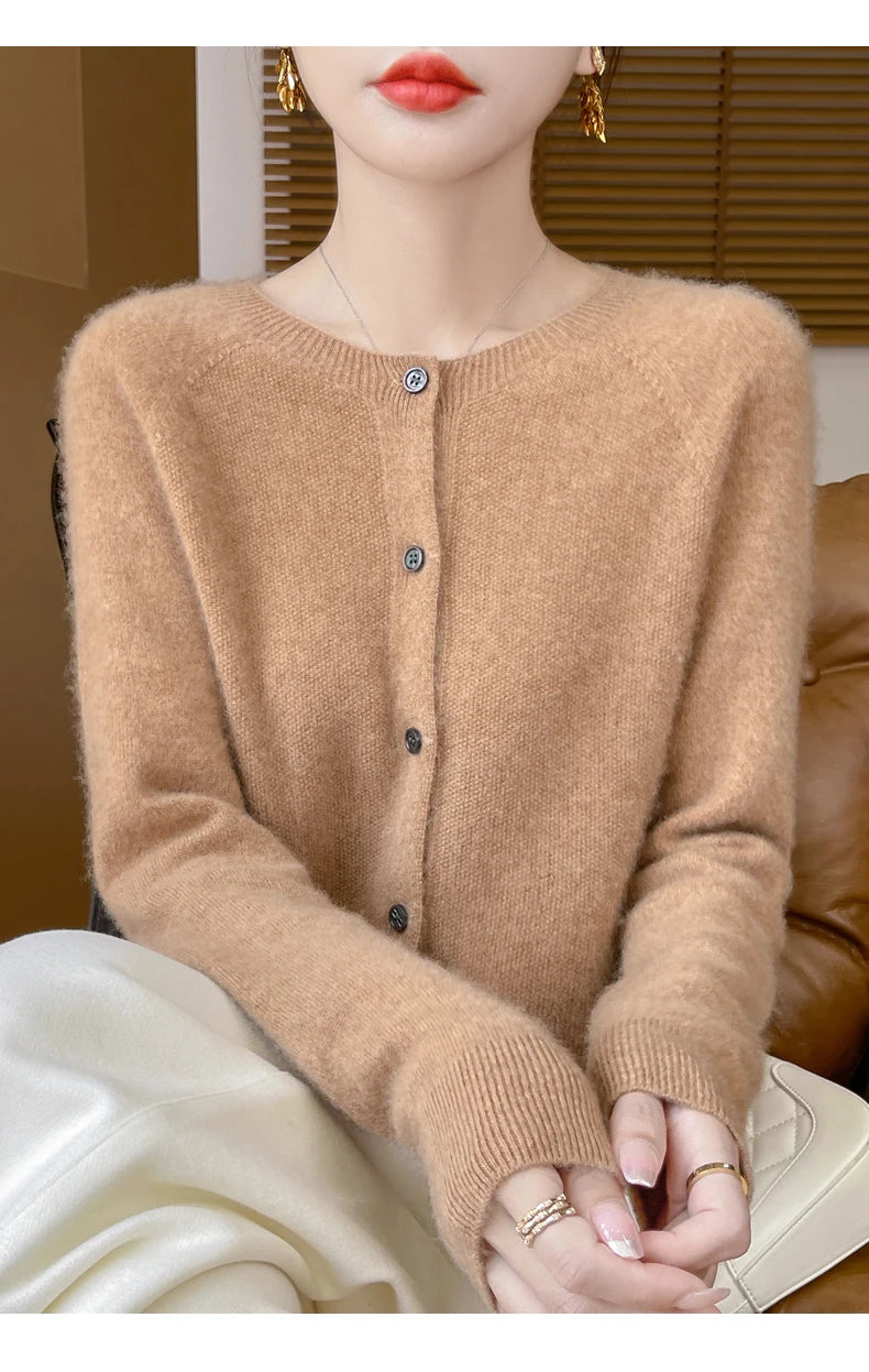 100% Merino Wool Long Sleeve Sweaters Cashmere Cardigan Spring Autumn Women O-Neck Knitwear Tops Clothing Fashion Basic Tops - reetell