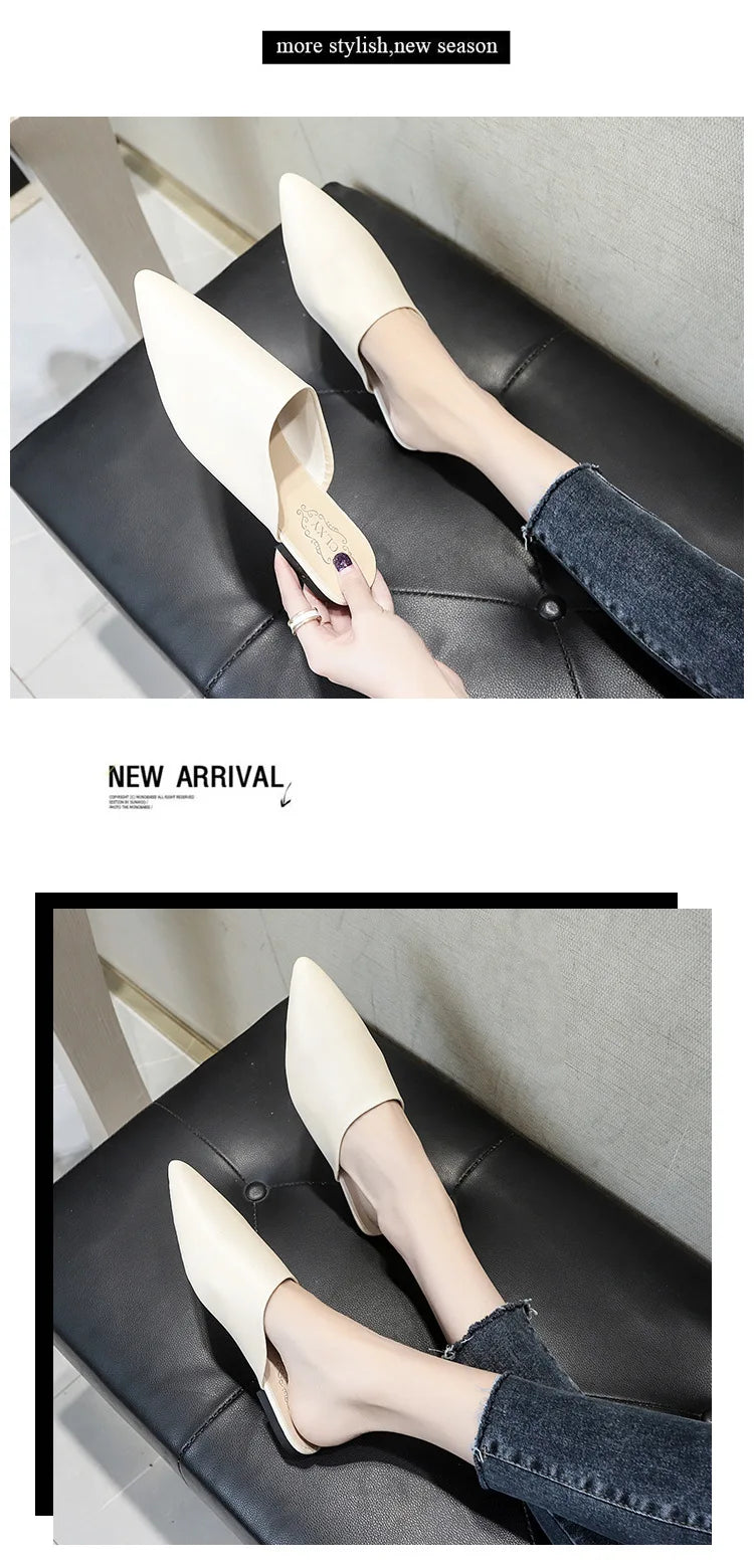 Women Spring Summer Slippers Mules Soft Leather Pointed Toe Slip On Sandalias Soild Mature Fashion Casual Low-heeled Shoes Mujer