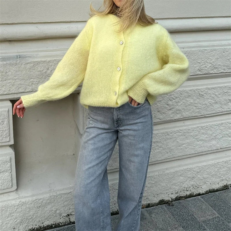 Lamuusaa y2k Sweaters 2000s Women Solid Color Round Neck Single Breasted Long Sleeve Cardigan Tops Warm Knitwear Streetwear - reetell