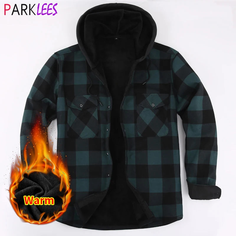 Mens Green Hooded Plaid Winter Shirt Jacket Casual Fleece Linend Warm Shirt Long Sleeve Western Cowboy Flannel Checkered Chemise