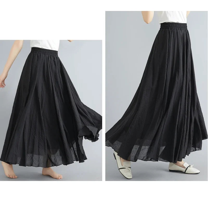 Solid Cotton Linen Women Skirts Maxi Ethnic Style Beach Saia Ropa Mujer Casual Harajuku Boho Long Skirt Woman Clothing Faldas - reetell