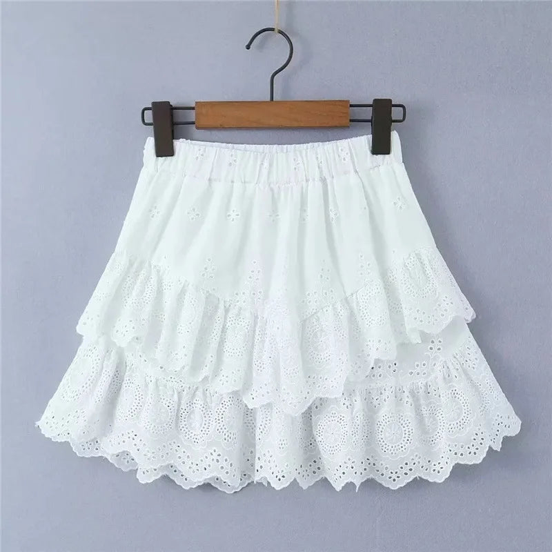 Korean fashion mini skirt kawaii vintage clothes Summer 2024 fashion embroideryed lace skirts for woman ruffle skirt cotton - reetell