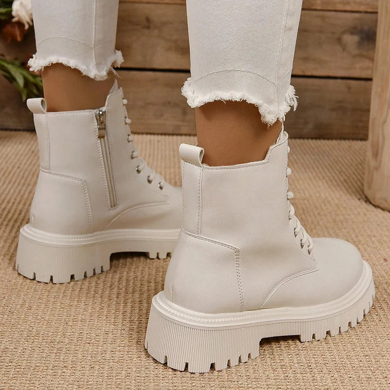 Winter Warm Short Plush Ankle Boots Women Fashion Zip Lace Up Platform Combat Boots Woman Comfy Low Heels Pu Leather Botas Mujer