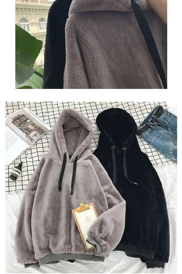 Autumn Winter Fleece-lined Hooded Long-sleeve Sweatshirt Women Hoodies Fashion Loose Couple's Warm Plush Coat Lazy Style Tops - reetell