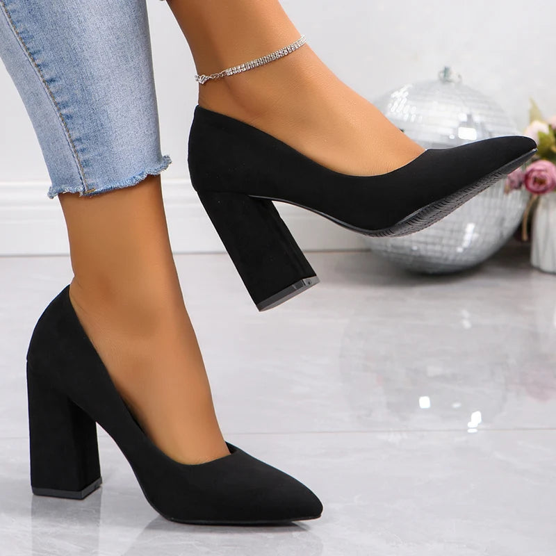 Sexy Black Square Heels Office Shoes Women Pointed Toe Slip-On High Heels Pumps Woman Autumn Shallow Suede Dress Shoes Female